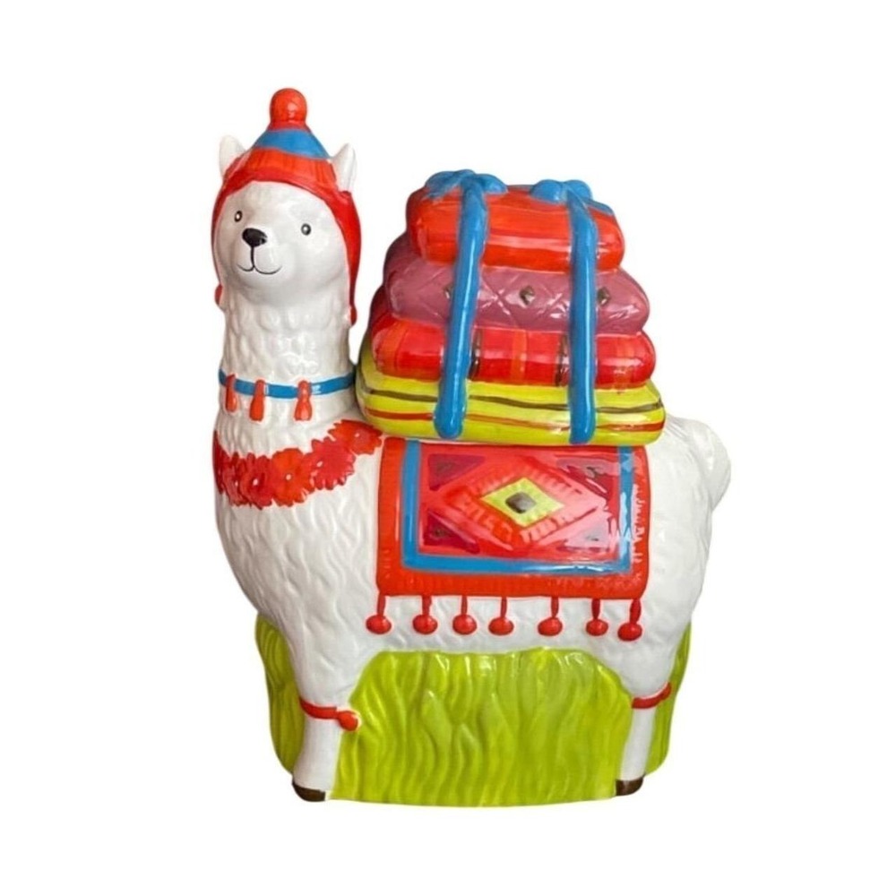 World Market Ceramic Llama Cookie Jar Alpaca Festive Colorful Treat Canister